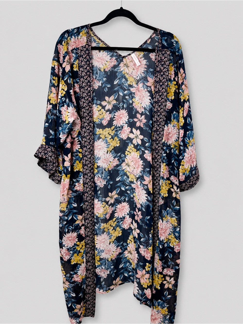 Xhilaration Sheer Floral Kimono Cardigan Duster Navy Pink Boho Festival Layering
